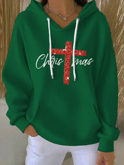Women's Merry Christmas Cross Print Ribbed  Hoodie
